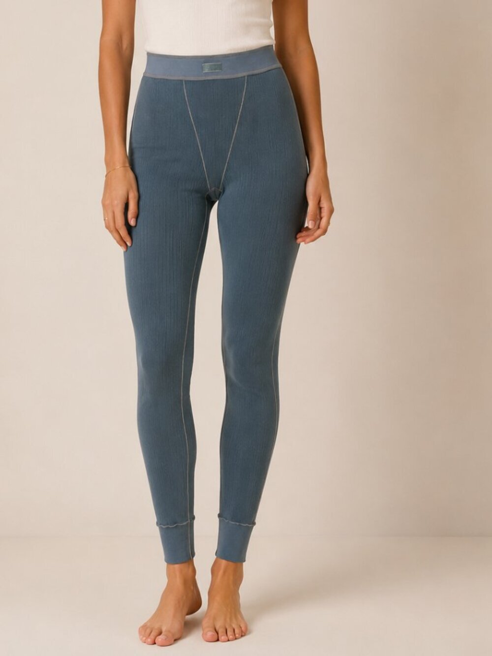 SKIMS Ribbed Leggings XL Blue Gray Contrast Seam High Waist Pants-FLAW